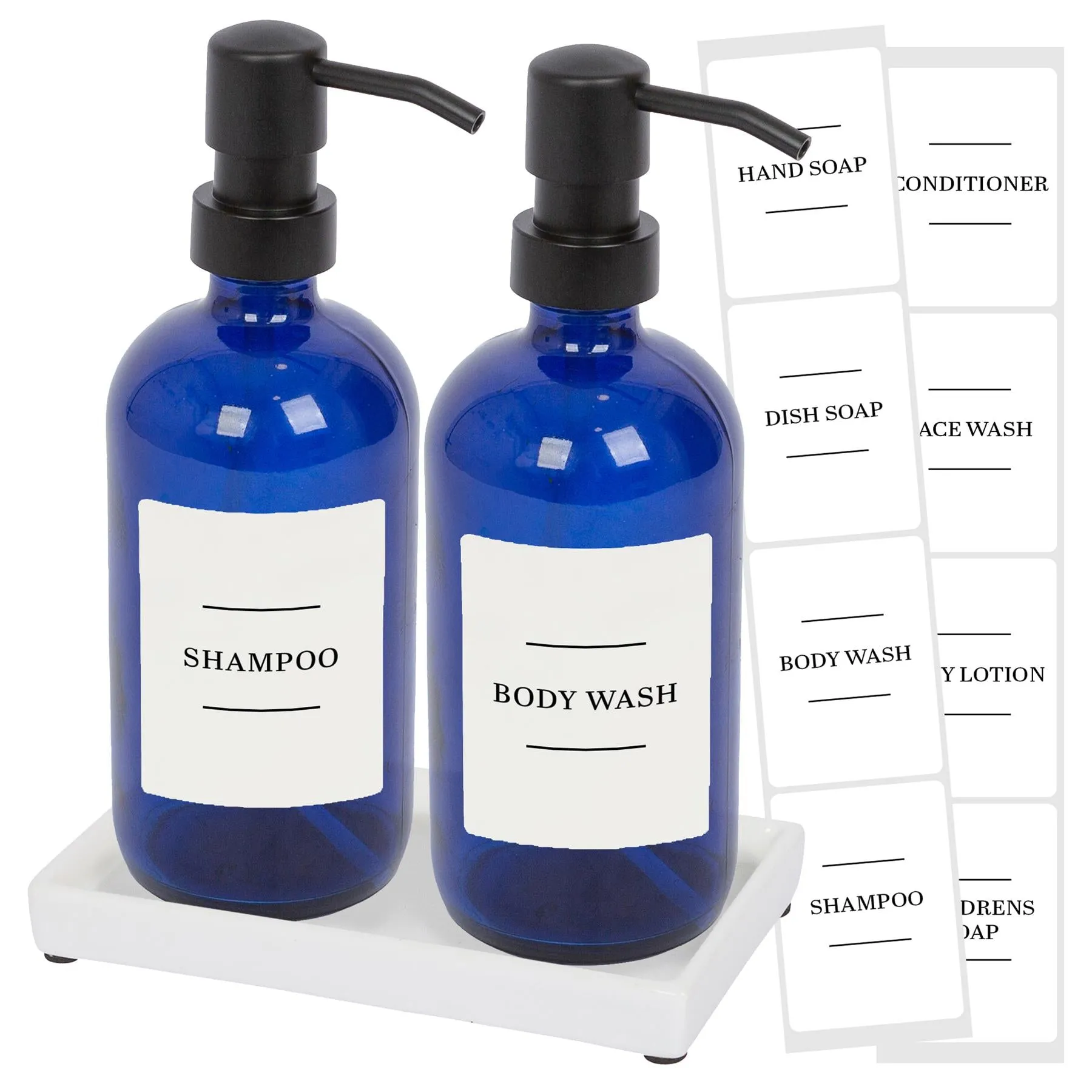 2pc Glass Soap Dispenser Set with Ceramic Tray & Labels - 500ml - By Harbour Housewares