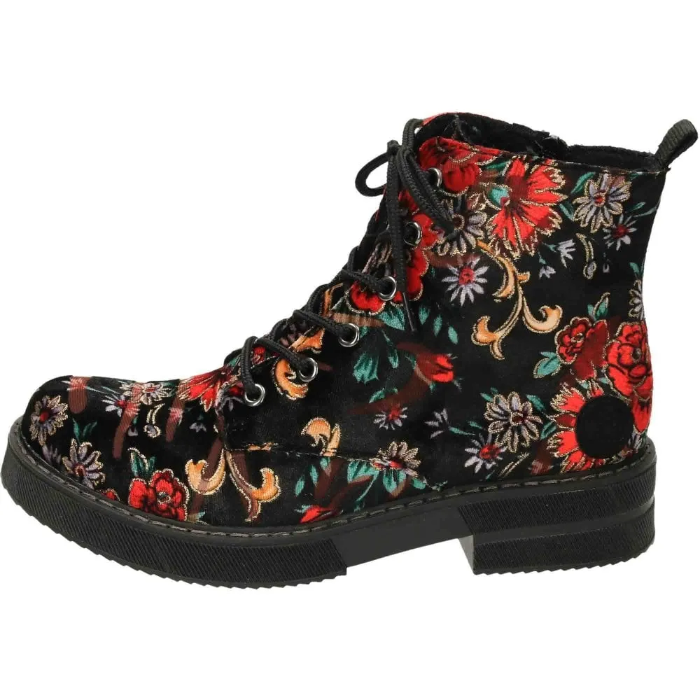 72010-90 Floral Black Multi Lace Up/Side Zip