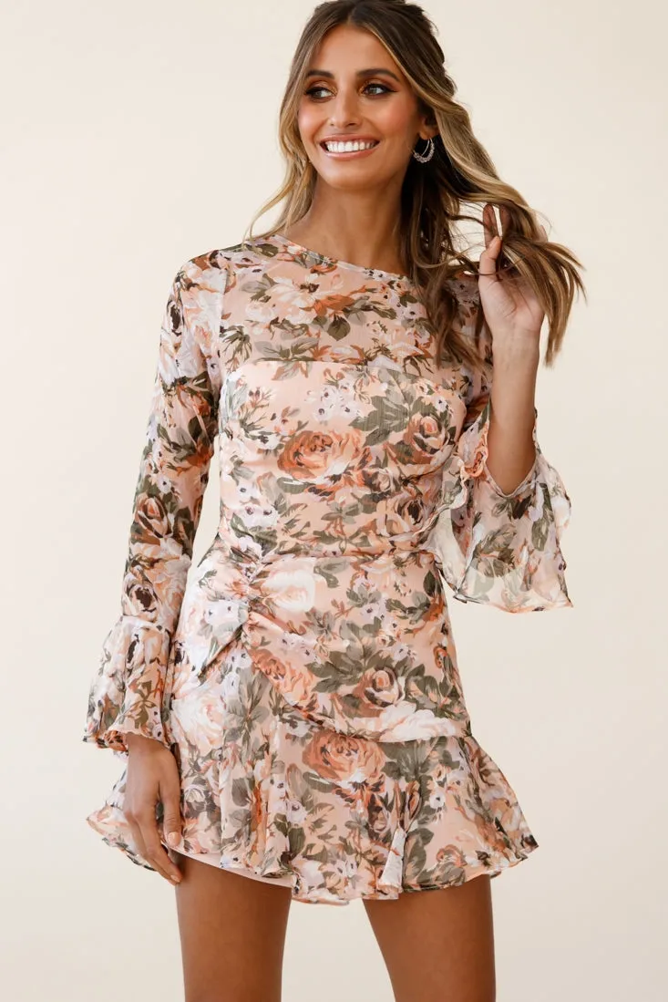 Adalia Long Sleeve Flared Cuff Dress Floral Print Nude Multi