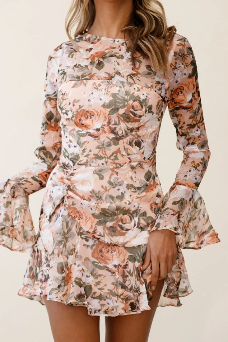 Adalia Long Sleeve Flared Cuff Dress Floral Print Nude Multi