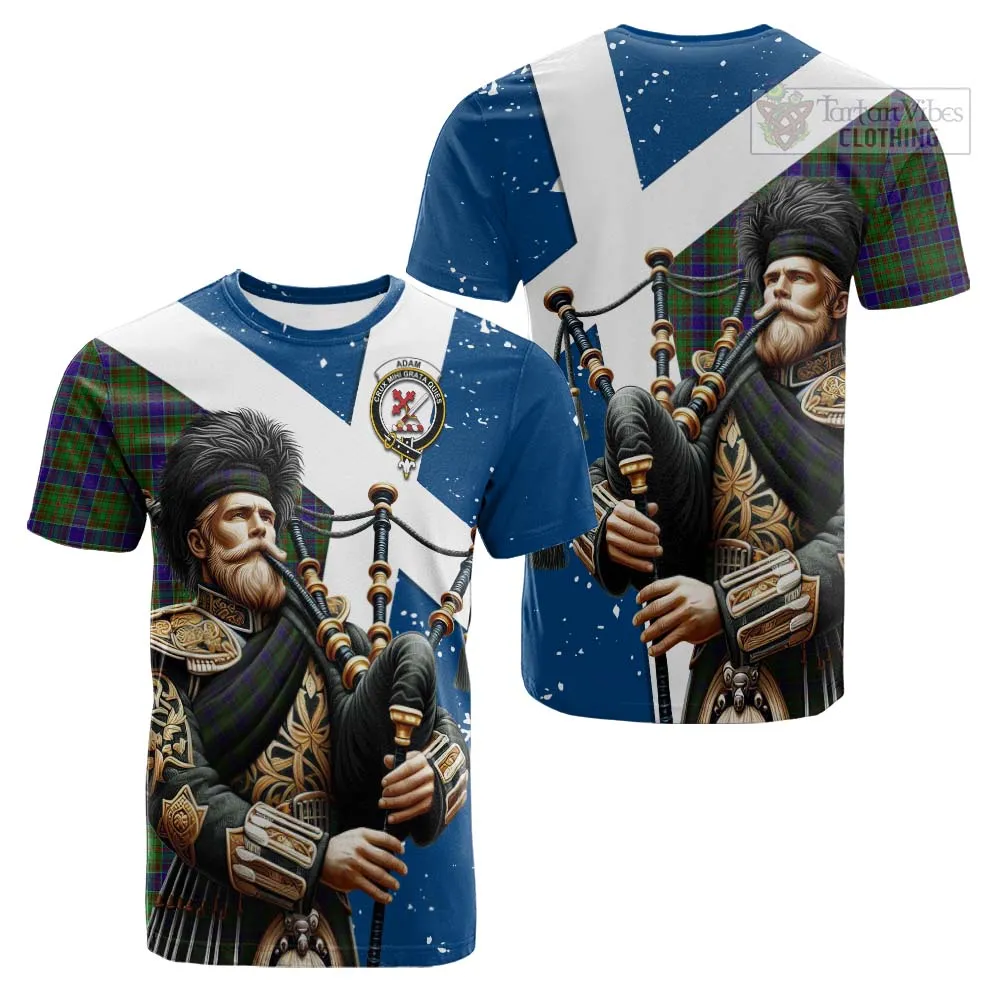 Adam Tartan Cotton T-shirt with Family Crest Scottish Bagpiper Vibes