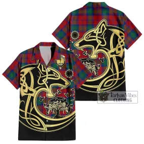 Affleck Tartan Short Sleeve Button Shirt with Family Crest Celtic Wolf Style