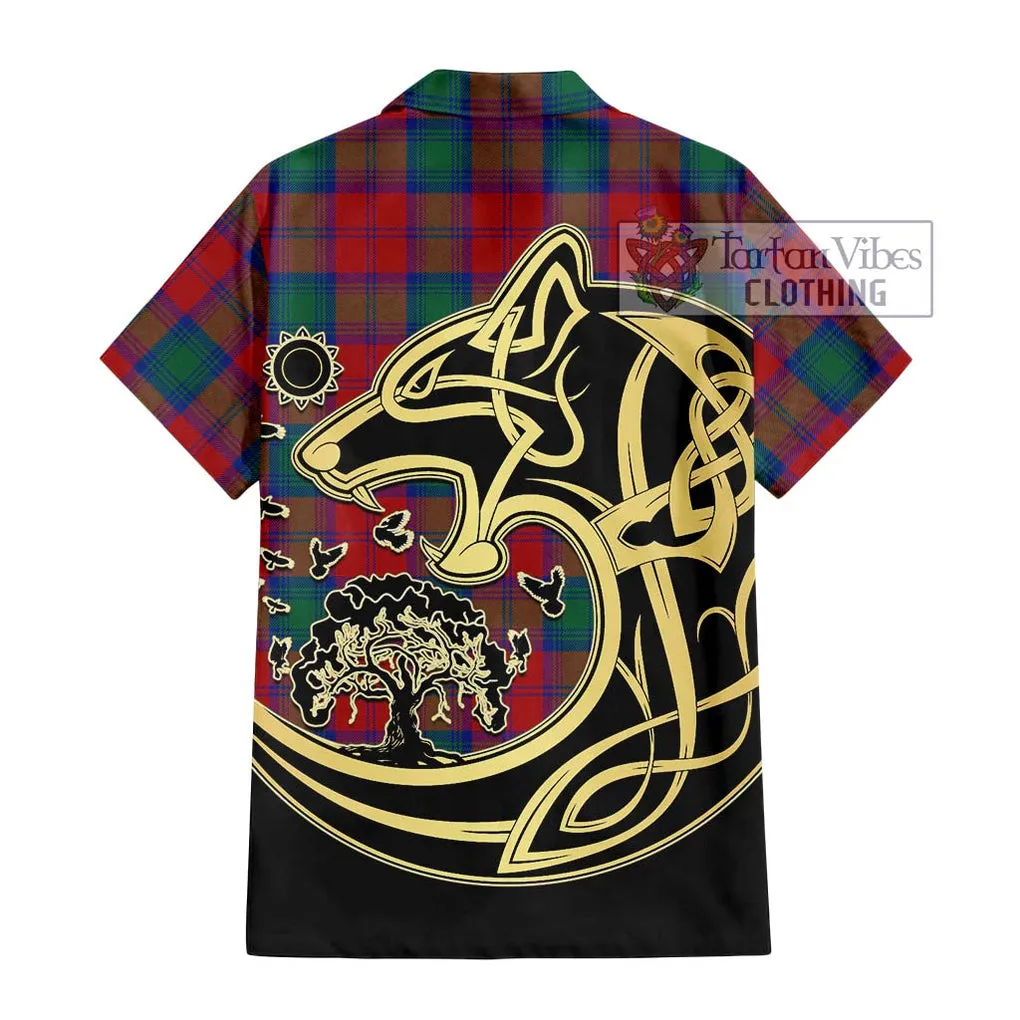 Affleck Tartan Short Sleeve Button Shirt with Family Crest Celtic Wolf Style