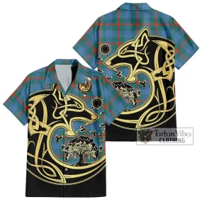 Agnew Ancient Tartan Short Sleeve Button Shirt with Family Crest Celtic Wolf Style