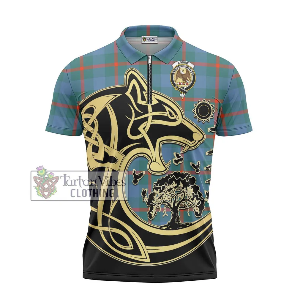 Agnew Ancient Tartan Zipper Polo Shirt with Family Crest Celtic Wolf Style