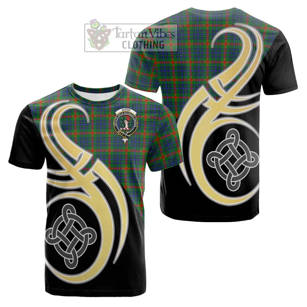 Aiton Tartan Cotton T-shirt with Family Crest and Celtic Symbol Style