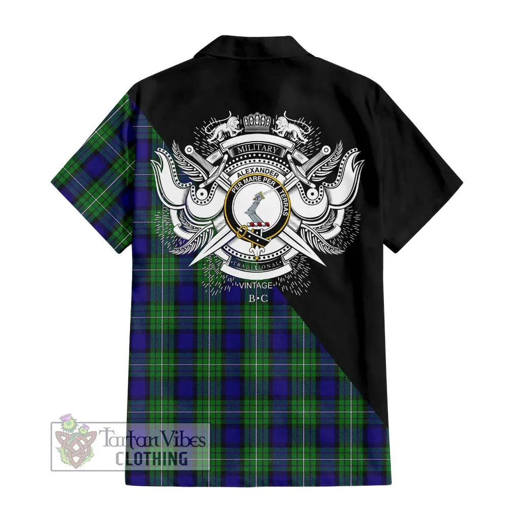 Alexander Tartan Short Sleeve Button Shirt with Family Crest and Military Logo Style