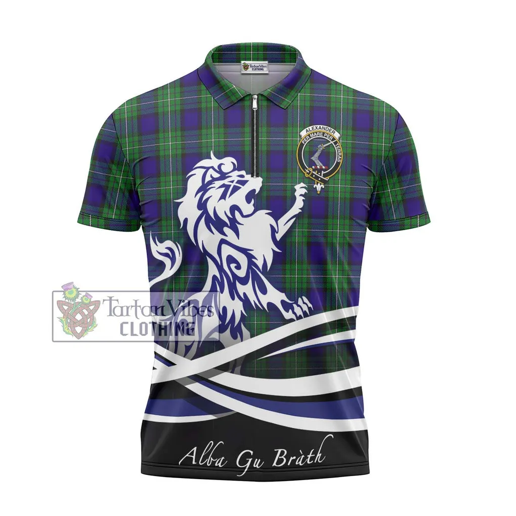 Alexander Tartan Zipper Polo Shirt with Alba Gu Brath Regal Lion Emblem