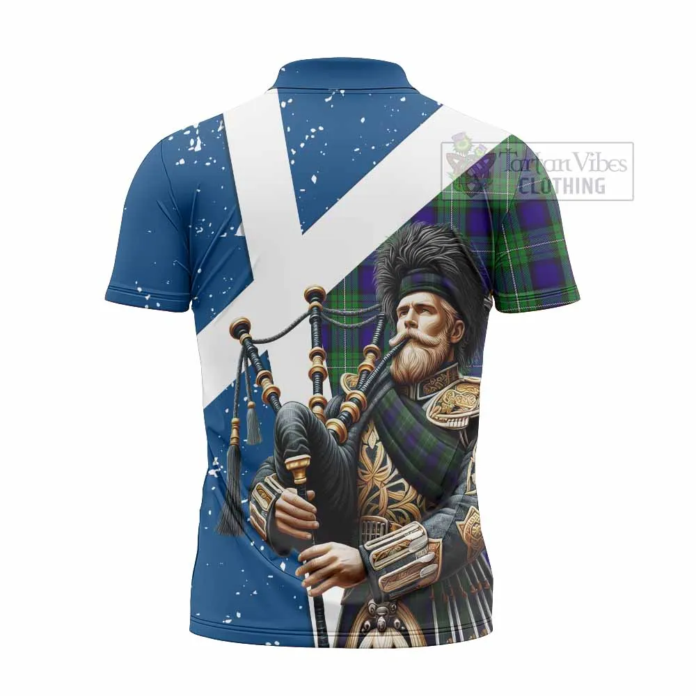 Alexander Tartan Zipper Polo Shirt with Family Crest Scottish Bagpiper Vibes