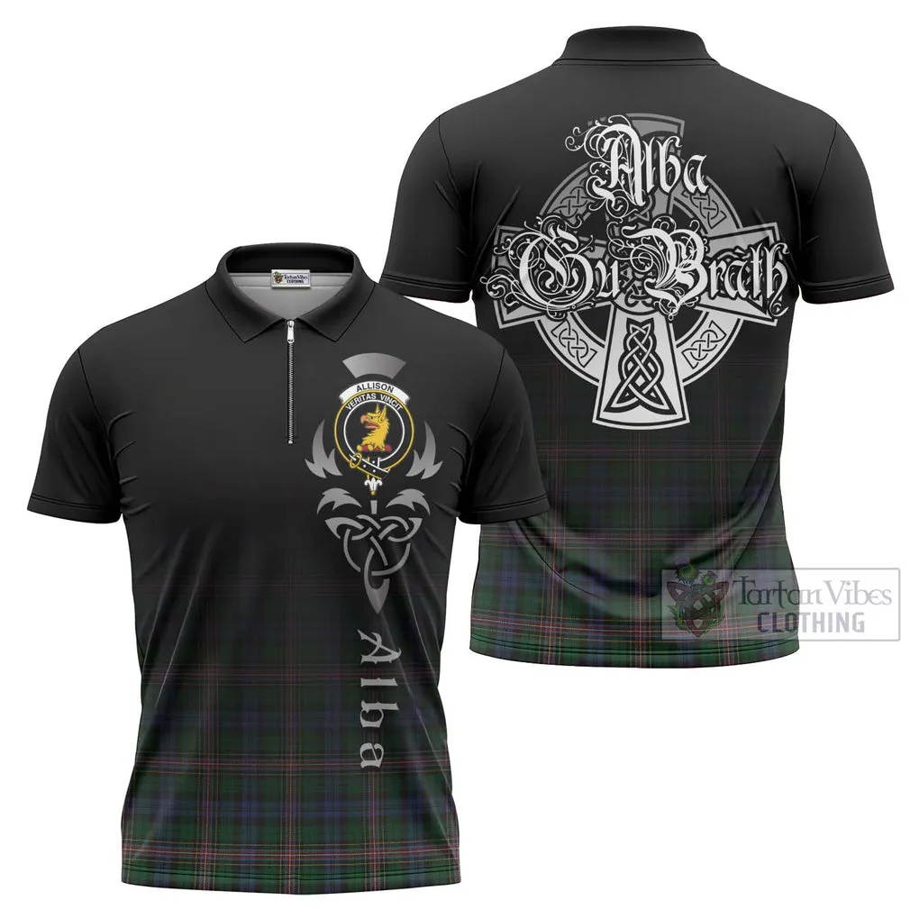 Allison Tartan Zipper Polo Shirt Featuring Alba Gu Brath Family Crest Celtic Inspired