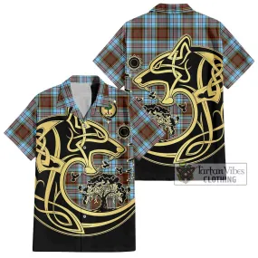 Anderson Ancient Tartan Short Sleeve Button Shirt with Family Crest Celtic Wolf Style