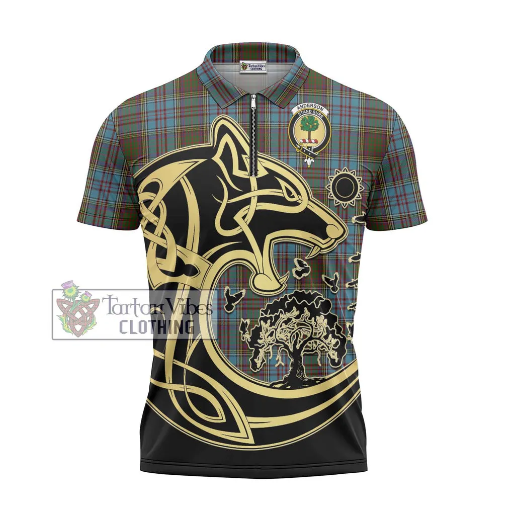 Anderson Tartan Zipper Polo Shirt with Family Crest Celtic Wolf Style