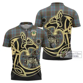 Anderson Tartan Zipper Polo Shirt with Family Crest Celtic Wolf Style