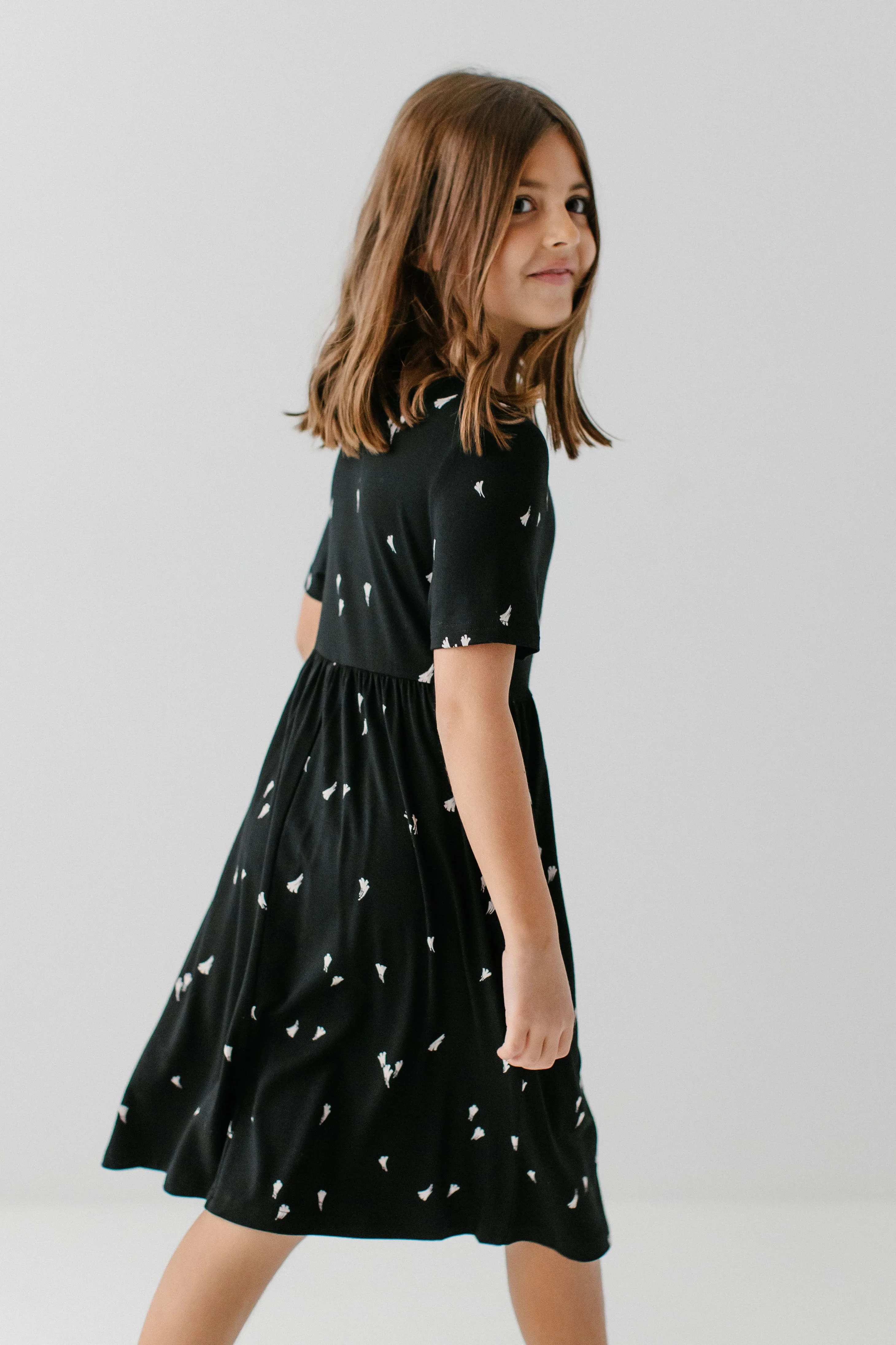 'Annie' Girl Bamboo Blend Midi Dress in Black Abstract Print FINAL SALE