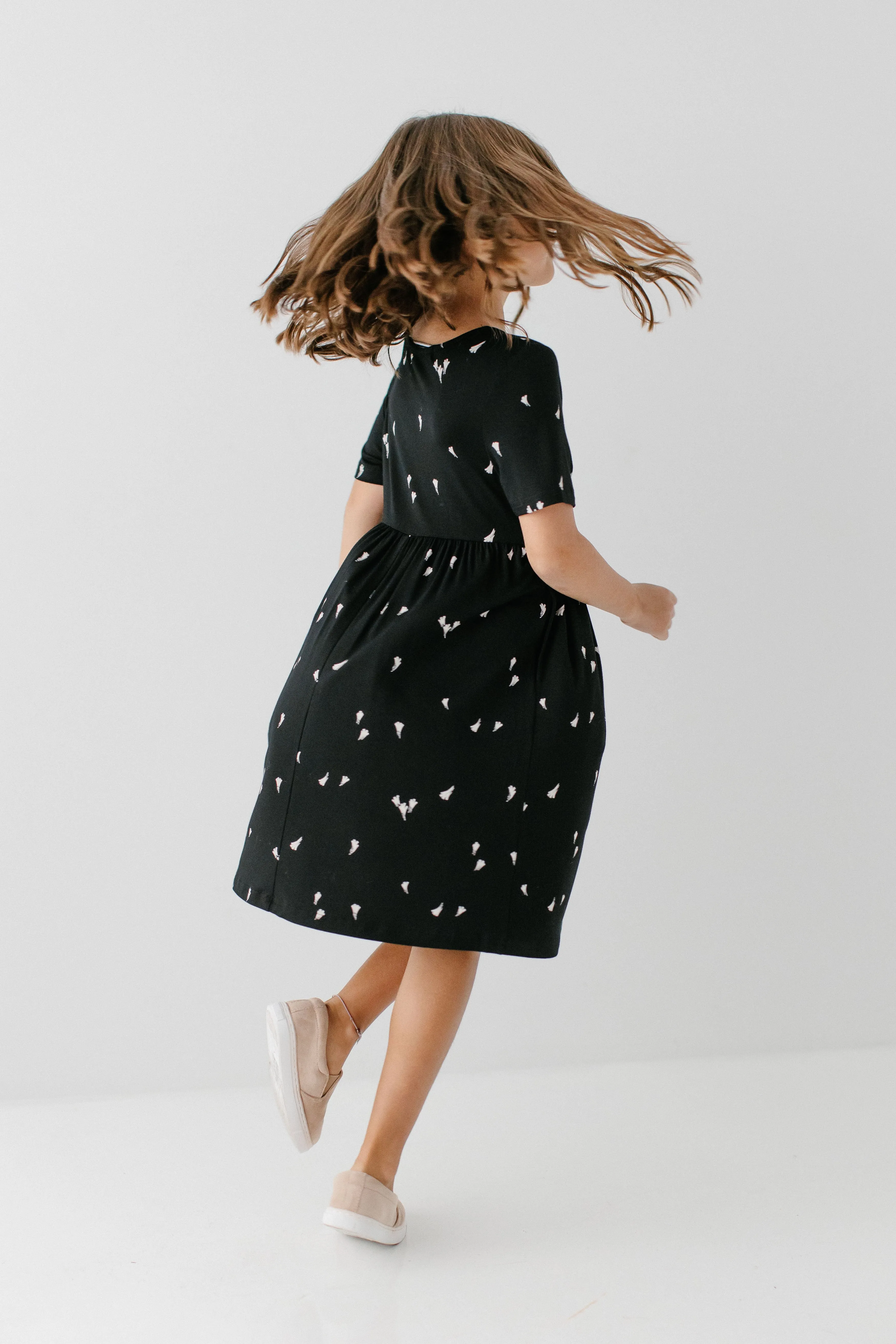 'Annie' Girl Bamboo Blend Midi Dress in Black Abstract Print FINAL SALE