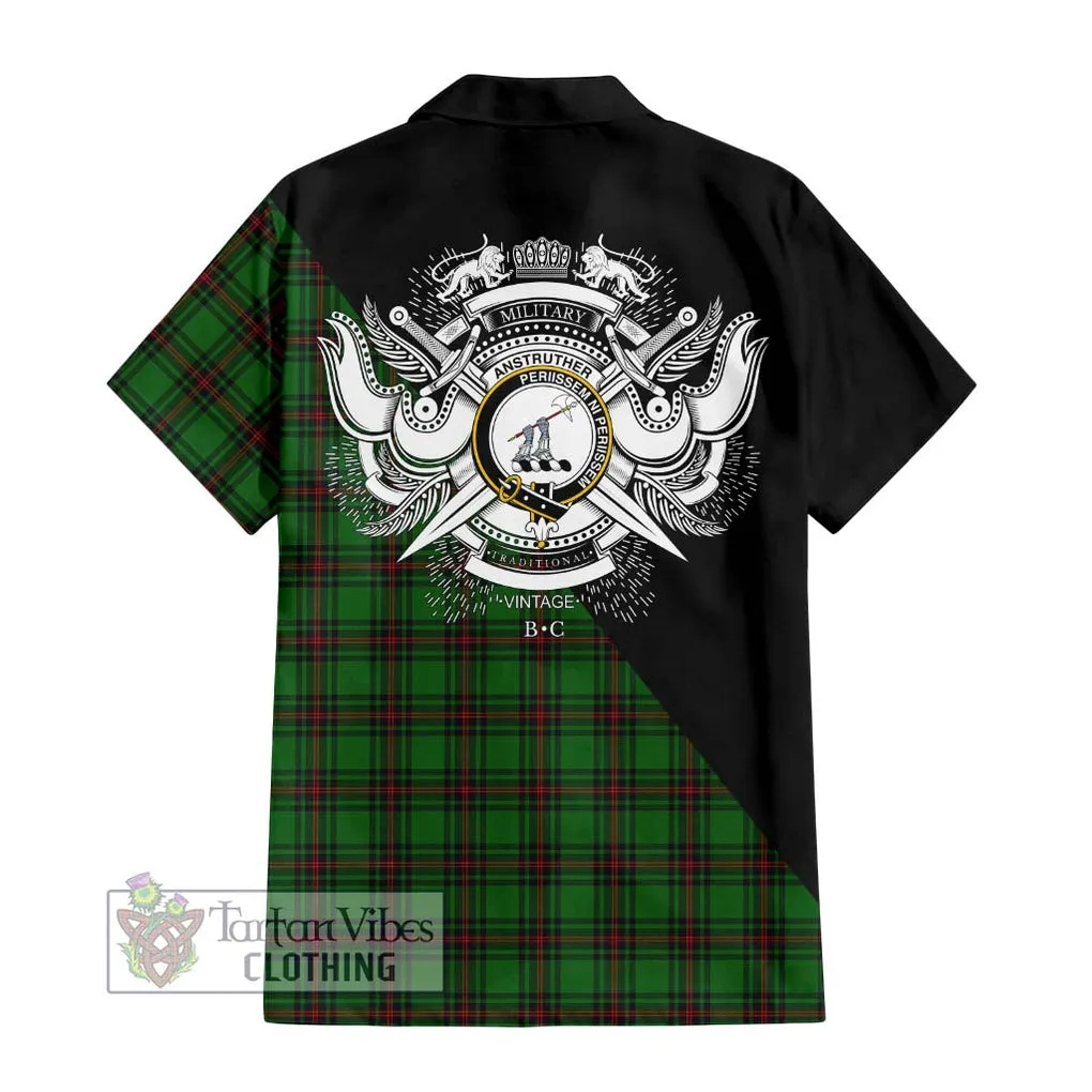 Anstruther Tartan Short Sleeve Button Shirt with Family Crest and Military Logo Style