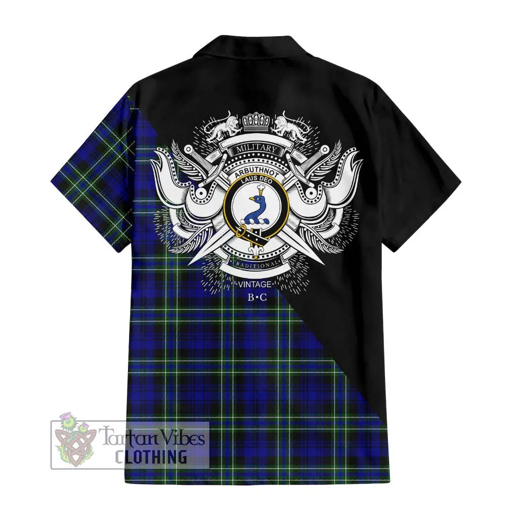 Arbuthnot Modern Tartan Short Sleeve Button Shirt with Family Crest and Military Logo Style