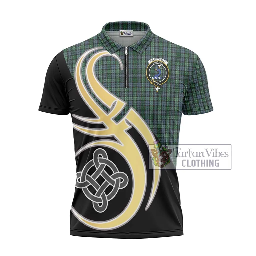 Arbuthnot Tartan Zipper Polo Shirt with Family Crest and Celtic Symbol Style