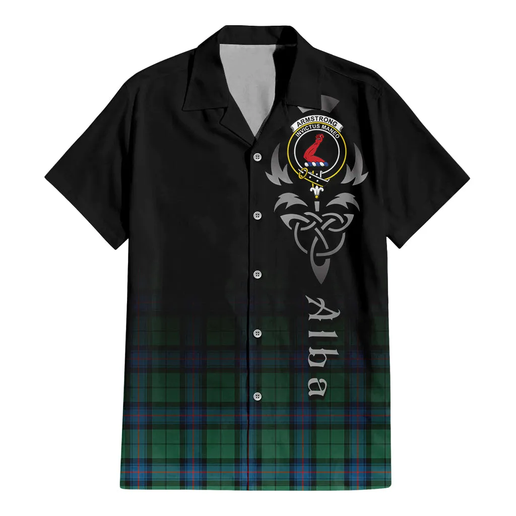 Armstrong Ancient Tartan Short Sleeve Button Up Shirt Featuring Alba Gu Brath Family Crest Celtic Inspired