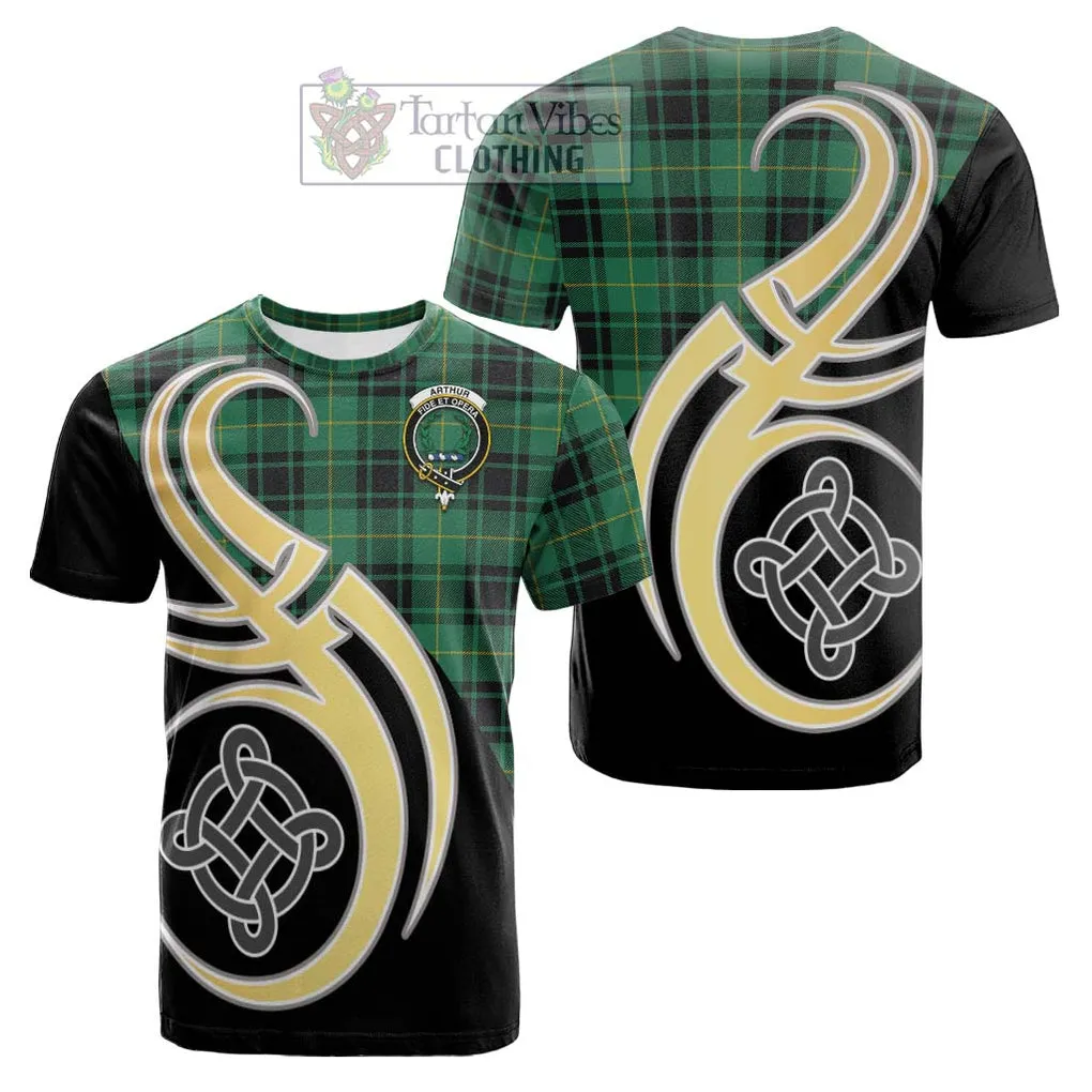 Arthur Ancient Tartan Cotton T-shirt with Family Crest and Celtic Symbol Style