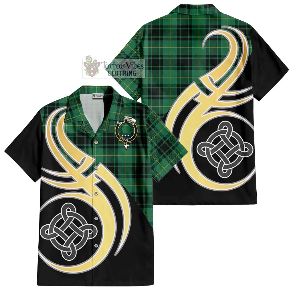 Arthur Ancient Tartan Short Sleeve Button Shirt with Family Crest and Celtic Symbol Style