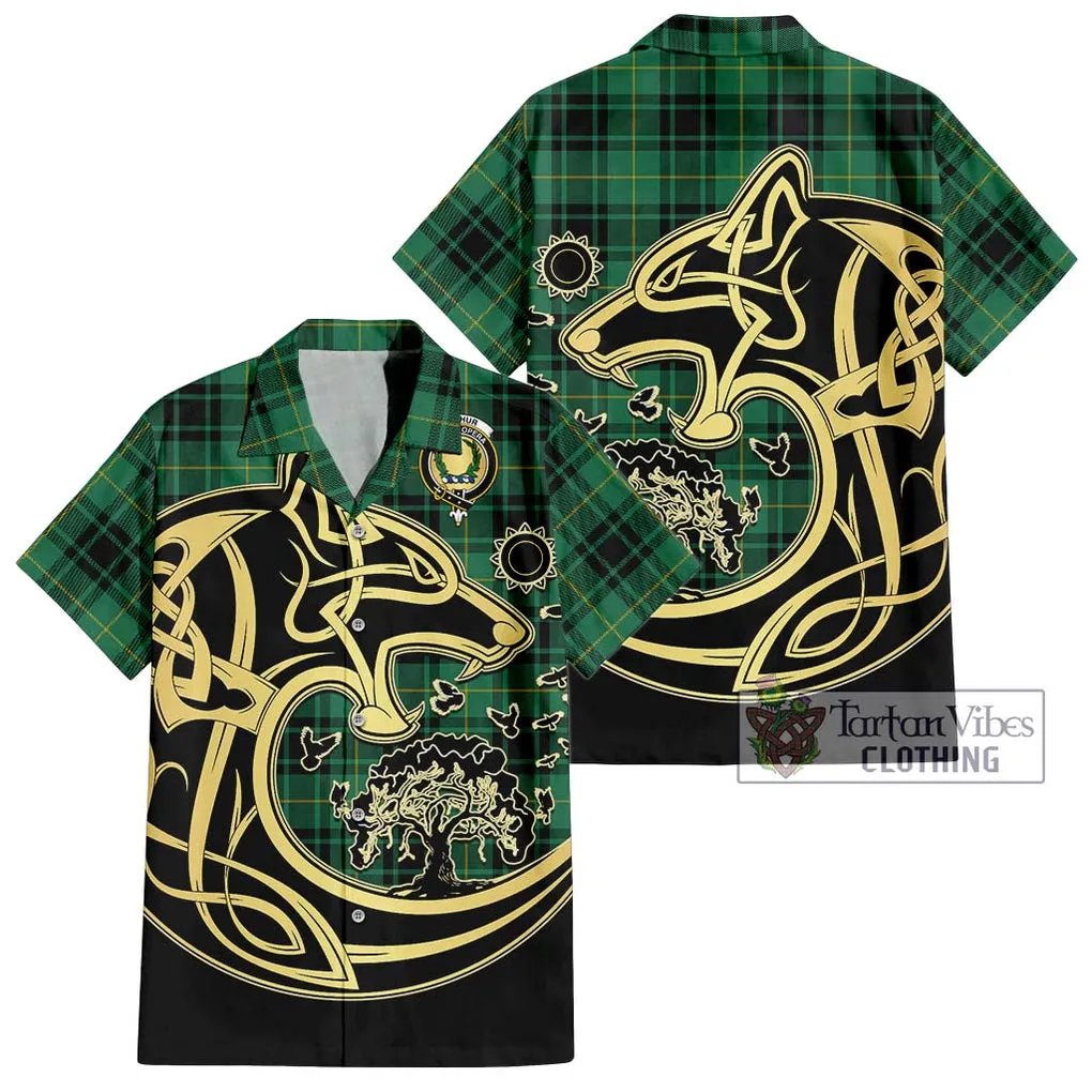 Arthur Ancient Tartan Short Sleeve Button Shirt with Family Crest Celtic Wolf Style