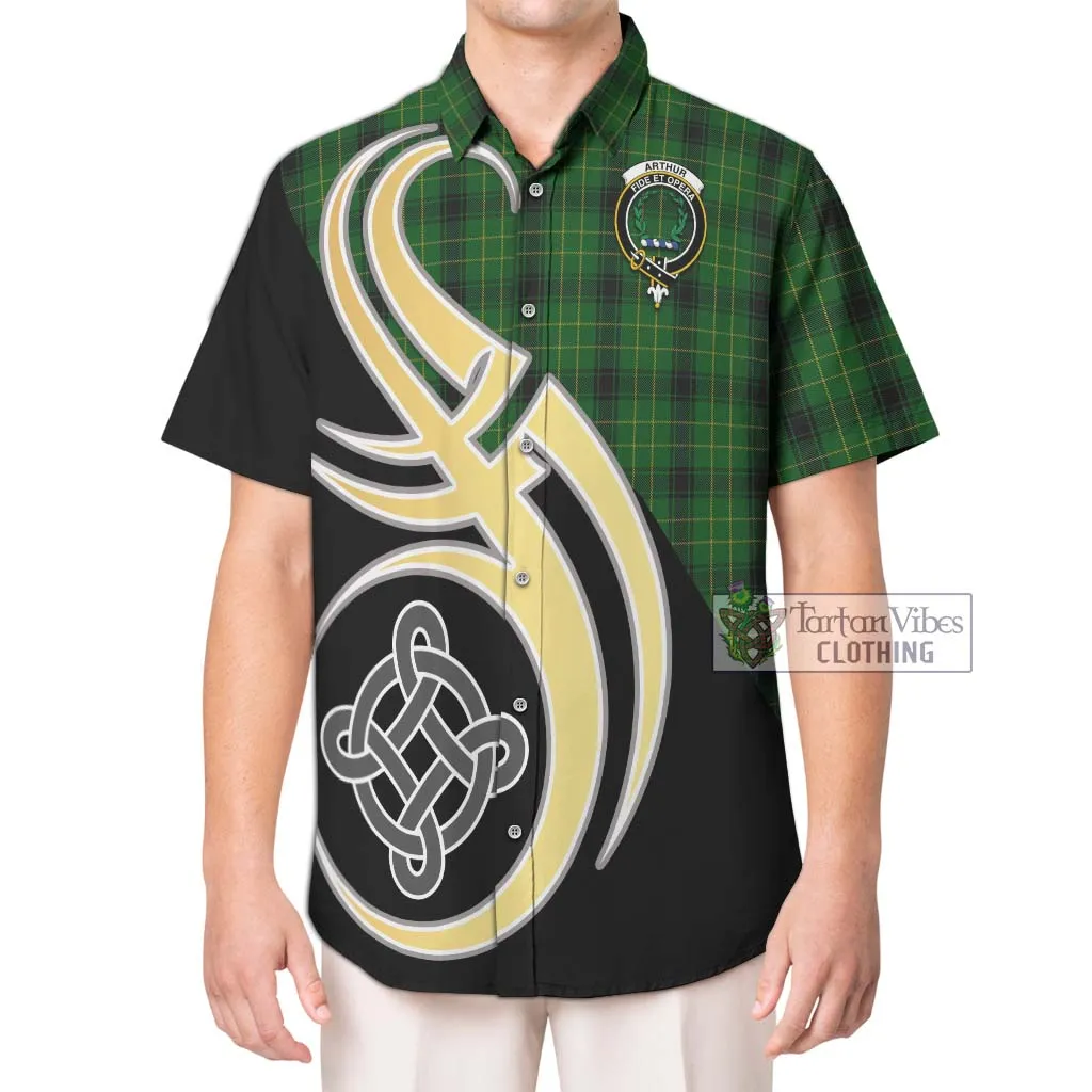 Arthur Highland Tartan Short Sleeve Button Shirt with Family Crest and Celtic Symbol Style