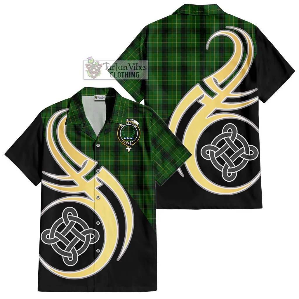 Arthur Highland Tartan Short Sleeve Button Shirt with Family Crest and Celtic Symbol Style