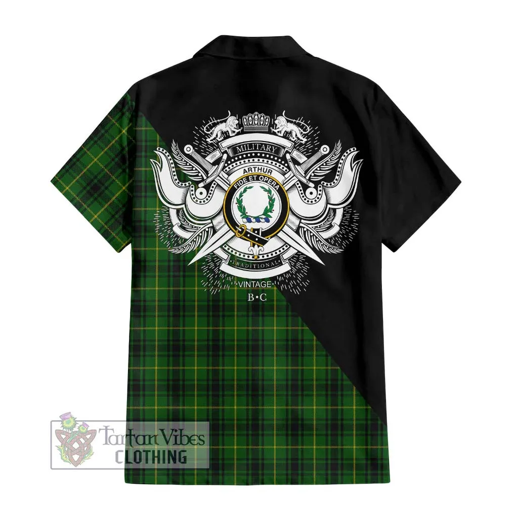 Arthur Tartan Short Sleeve Button Shirt with Family Crest and Military Logo Style