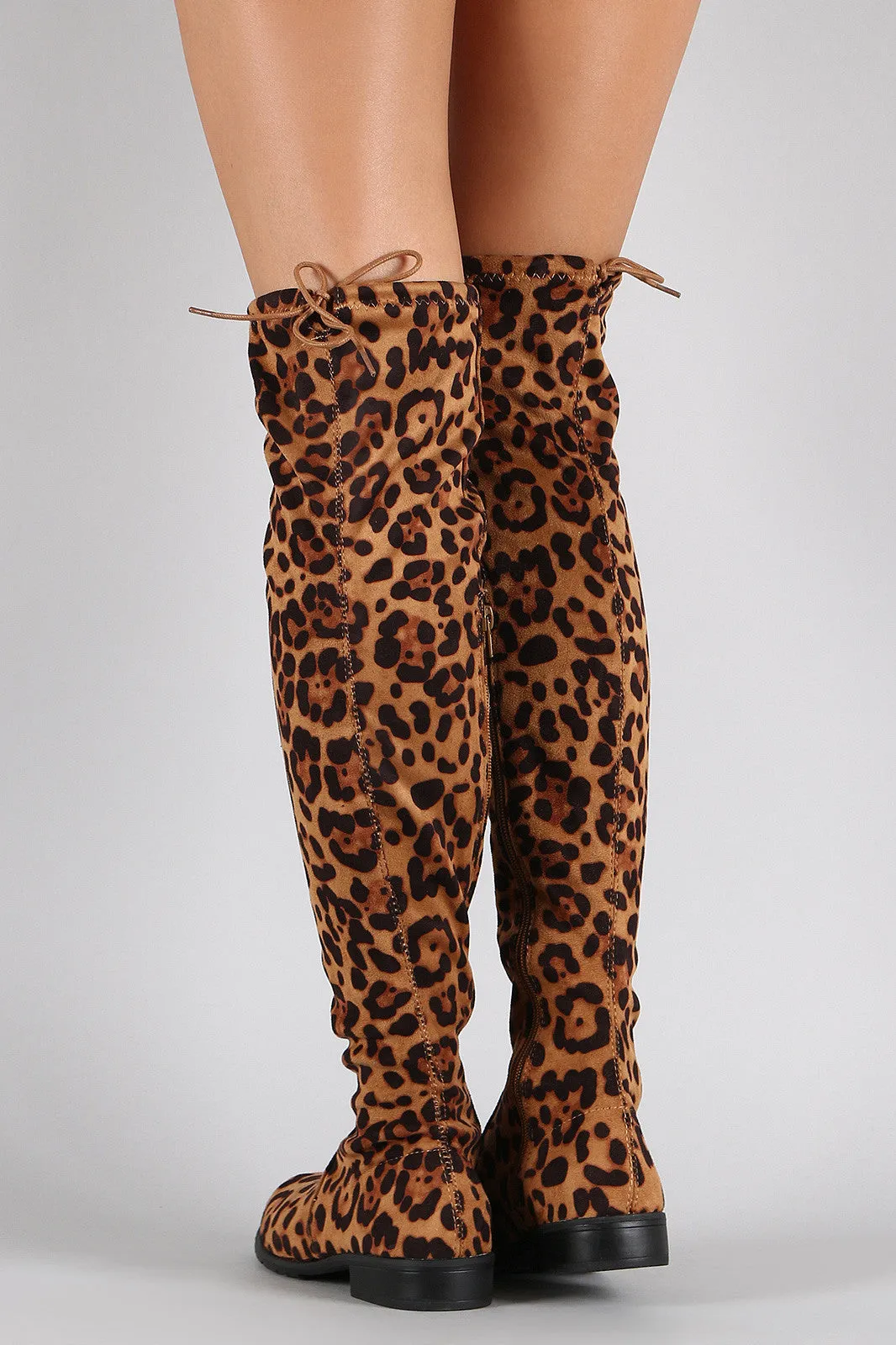 Bamboo Leopard Faux Suede Tied Flat Thigh High Boot