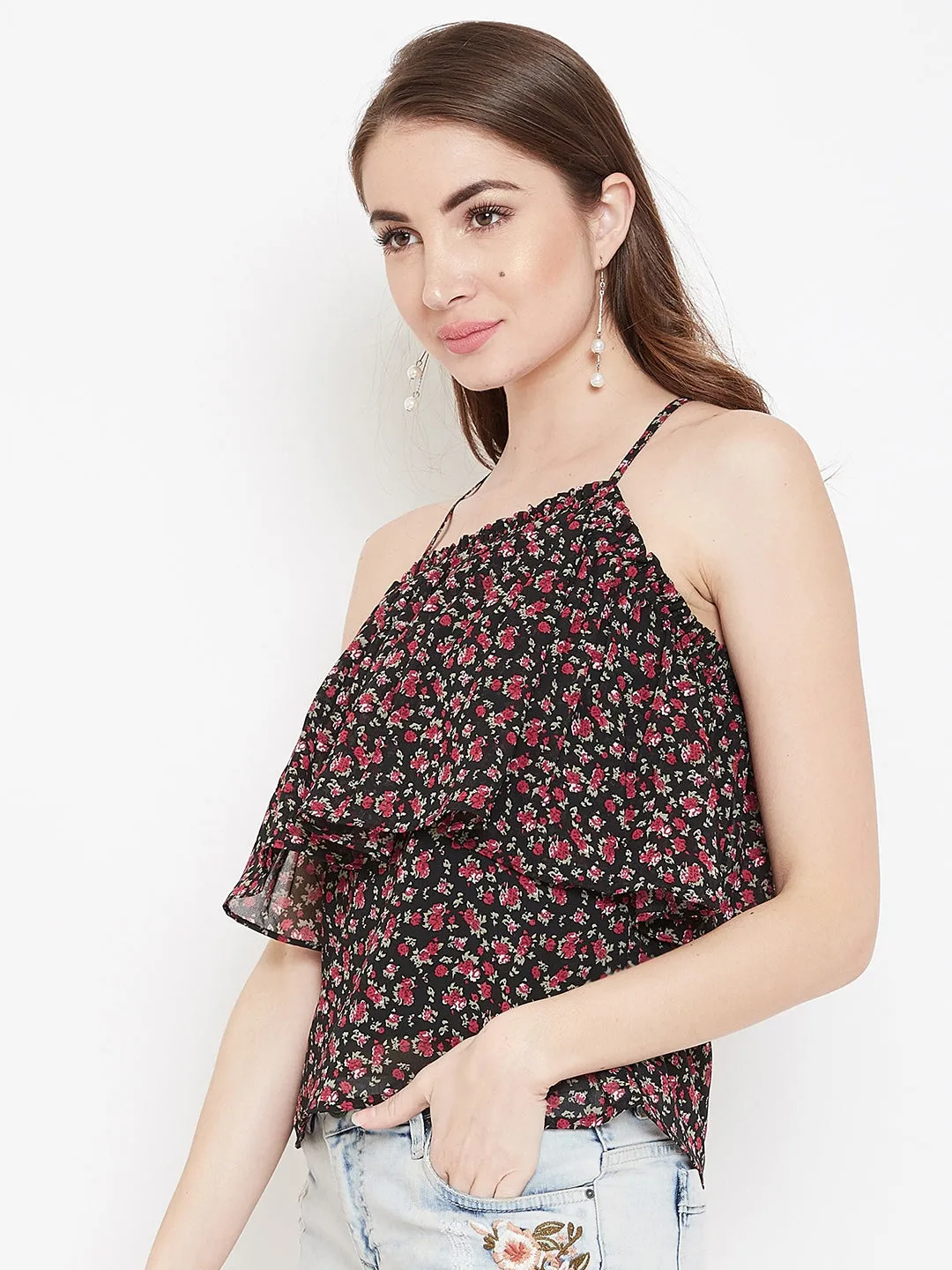 Berrylush Women Black Floral Printed Sleeveless Tiered Top