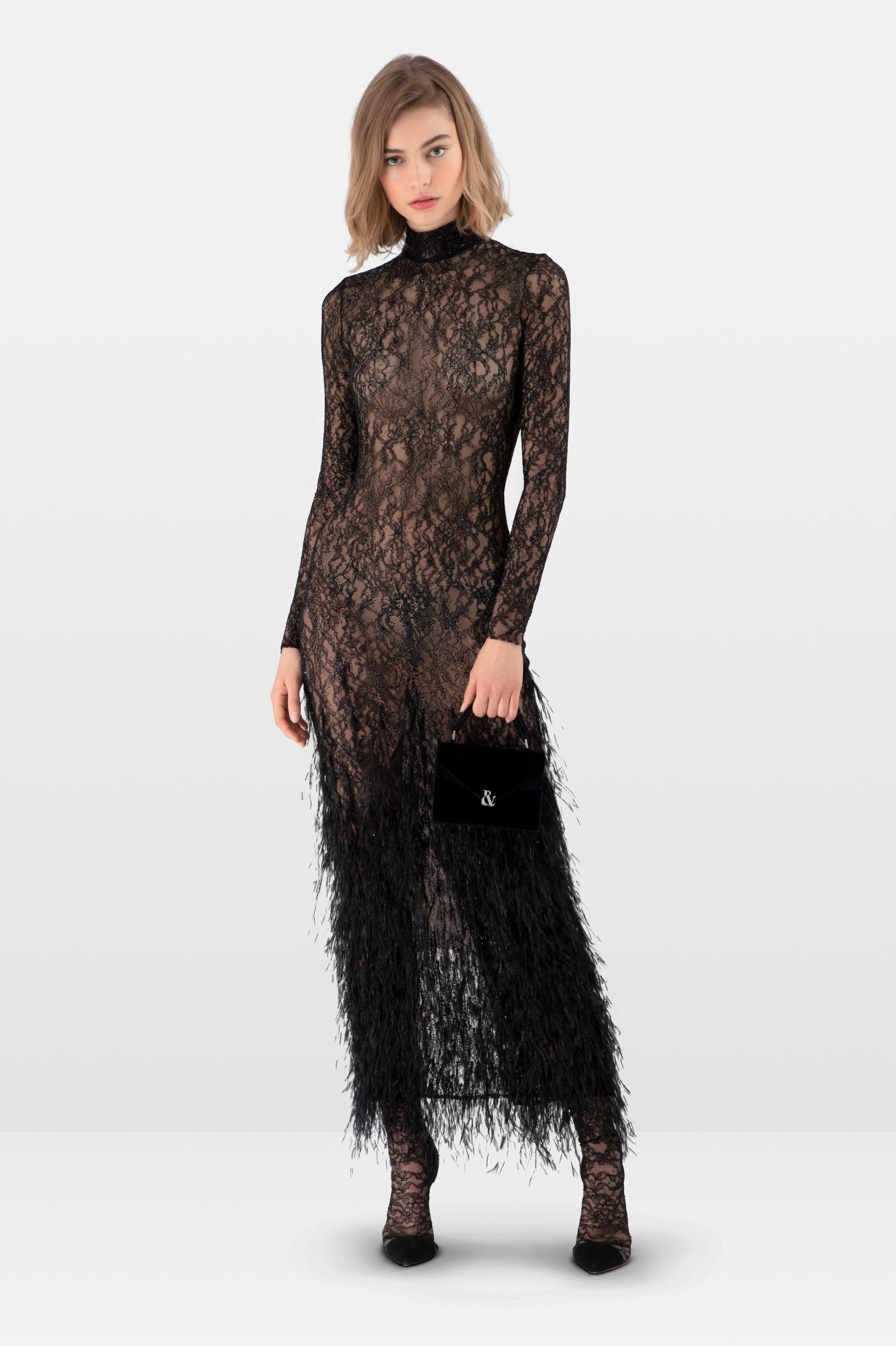 Black Lace Feather Embroidered Fitted Midi Dress