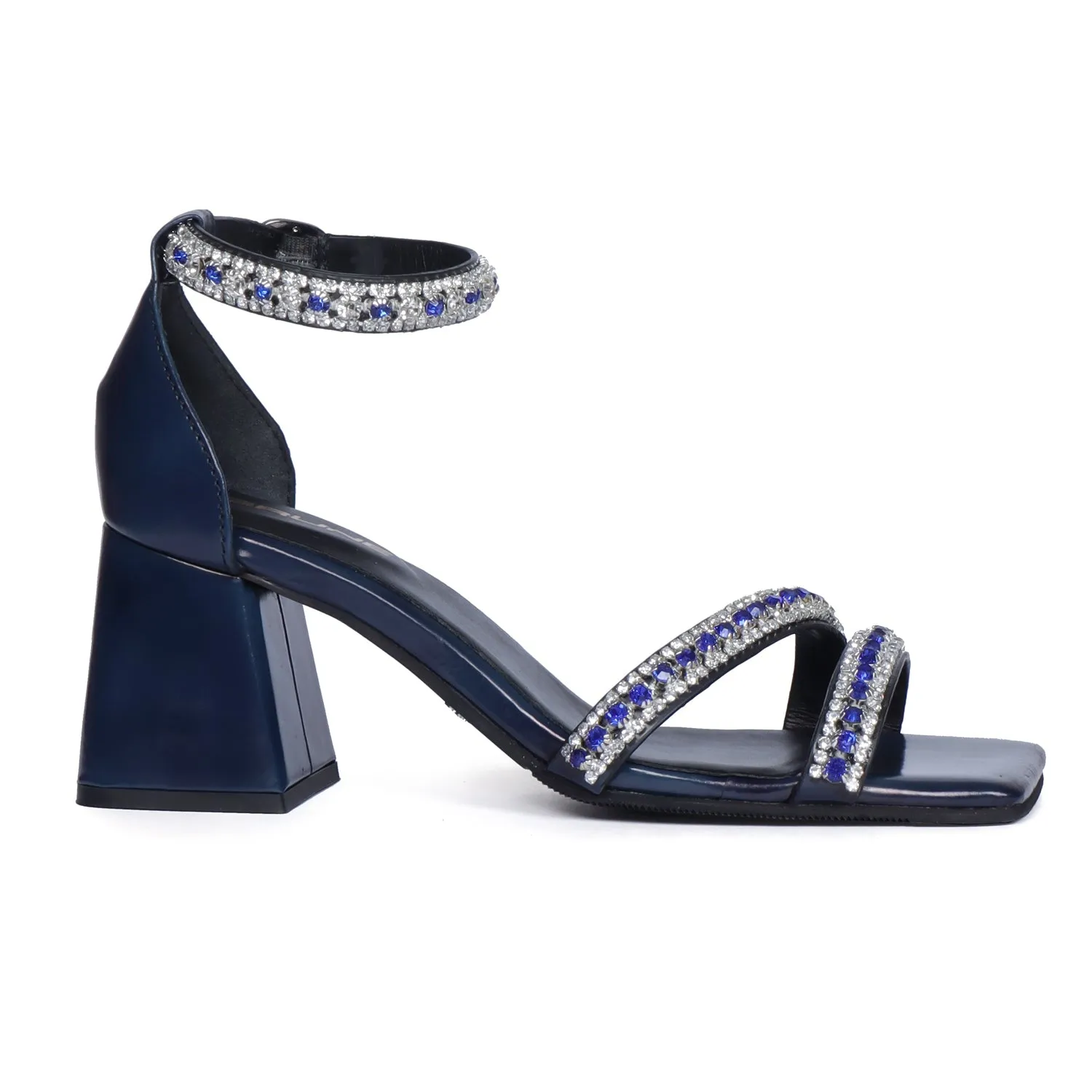 Blue and Silver Rhinestone Beads Embellishment Brush-Off Blocked Heel Buckled Strap Ladies Sandal By Brune & Bareskin