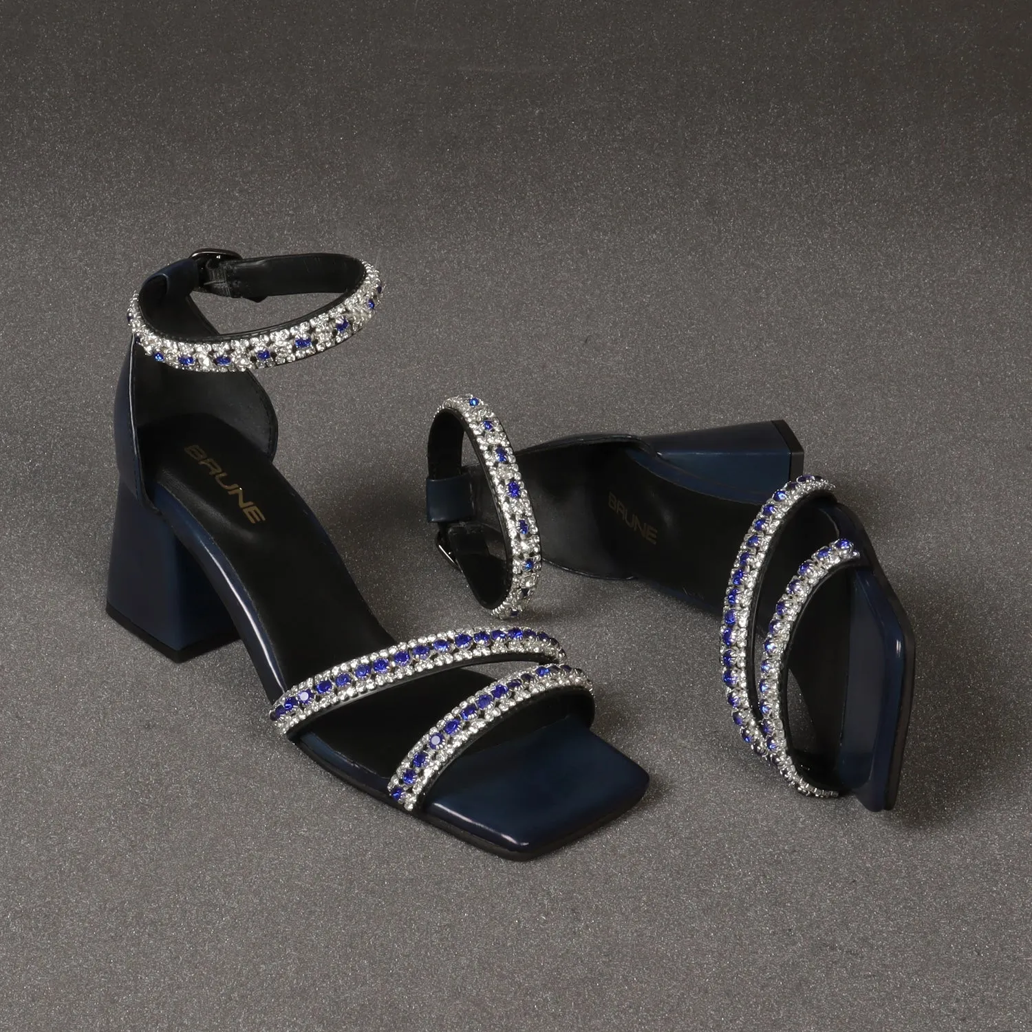 Blue and Silver Rhinestone Beads Embellishment Brush-Off Blocked Heel Buckled Strap Ladies Sandal By Brune & Bareskin