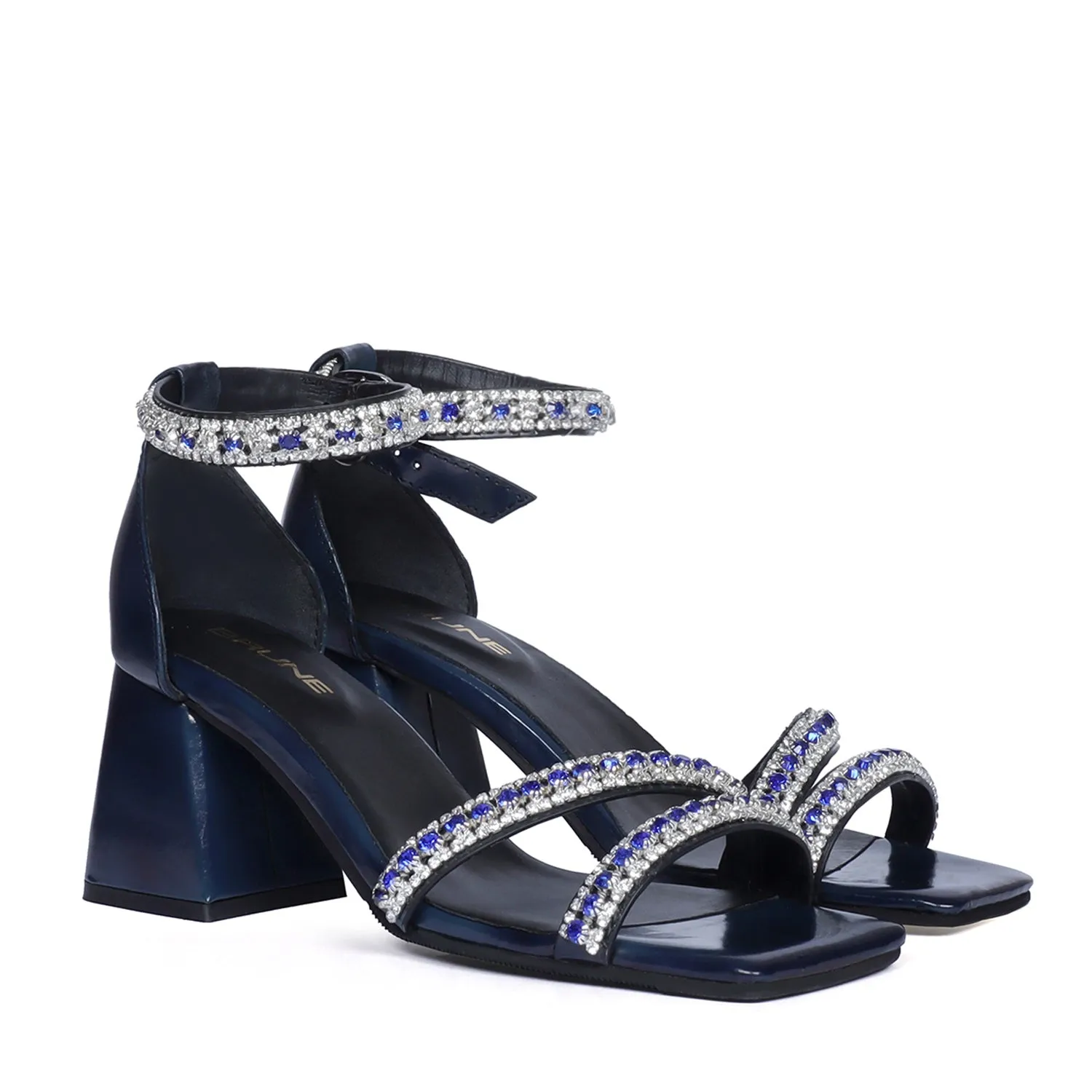 Blue and Silver Rhinestone Beads Embellishment Brush-Off Blocked Heel Buckled Strap Ladies Sandal By Brune & Bareskin