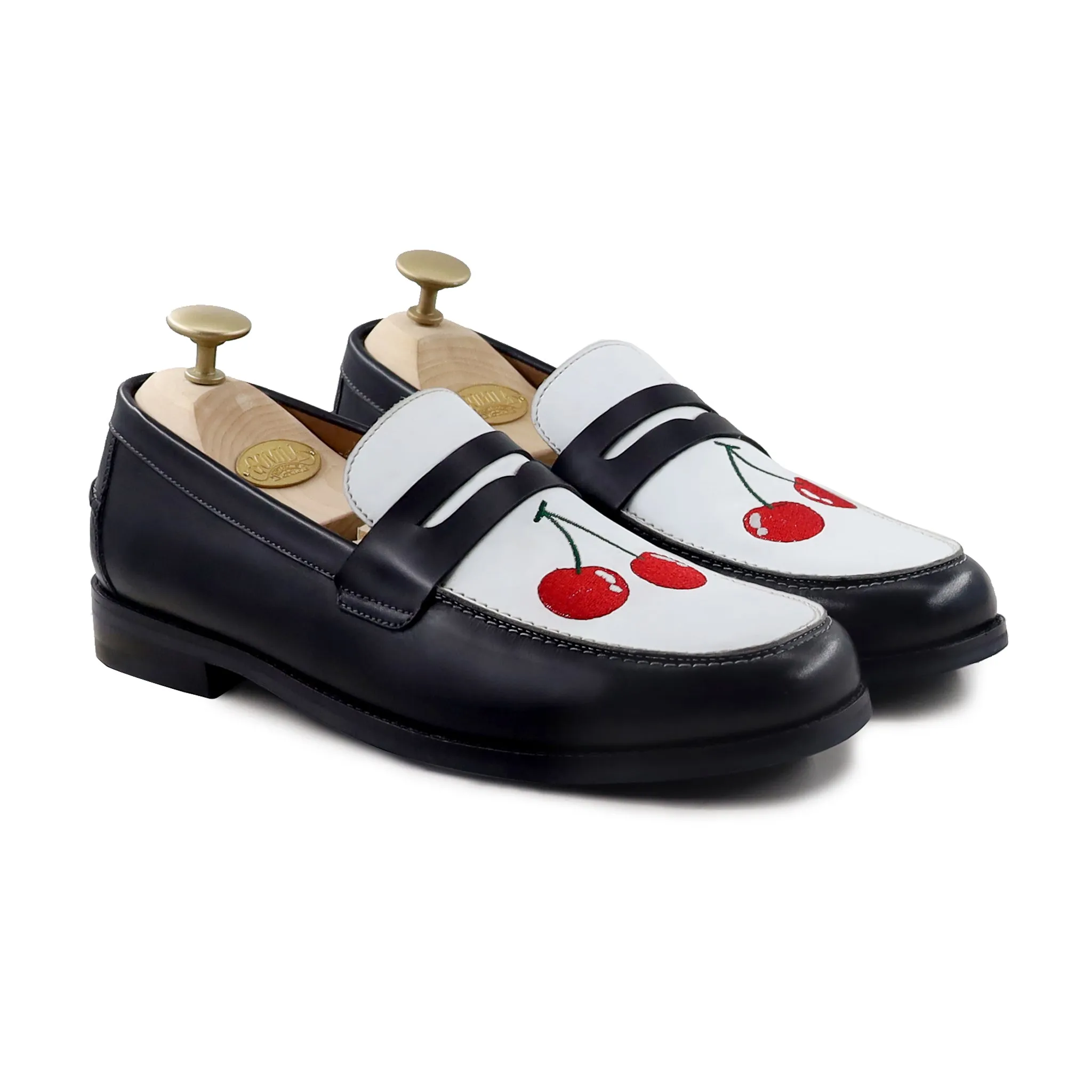 Boulia - Men's Black and White Calf Leather Loafer (Cherry Embroidery)