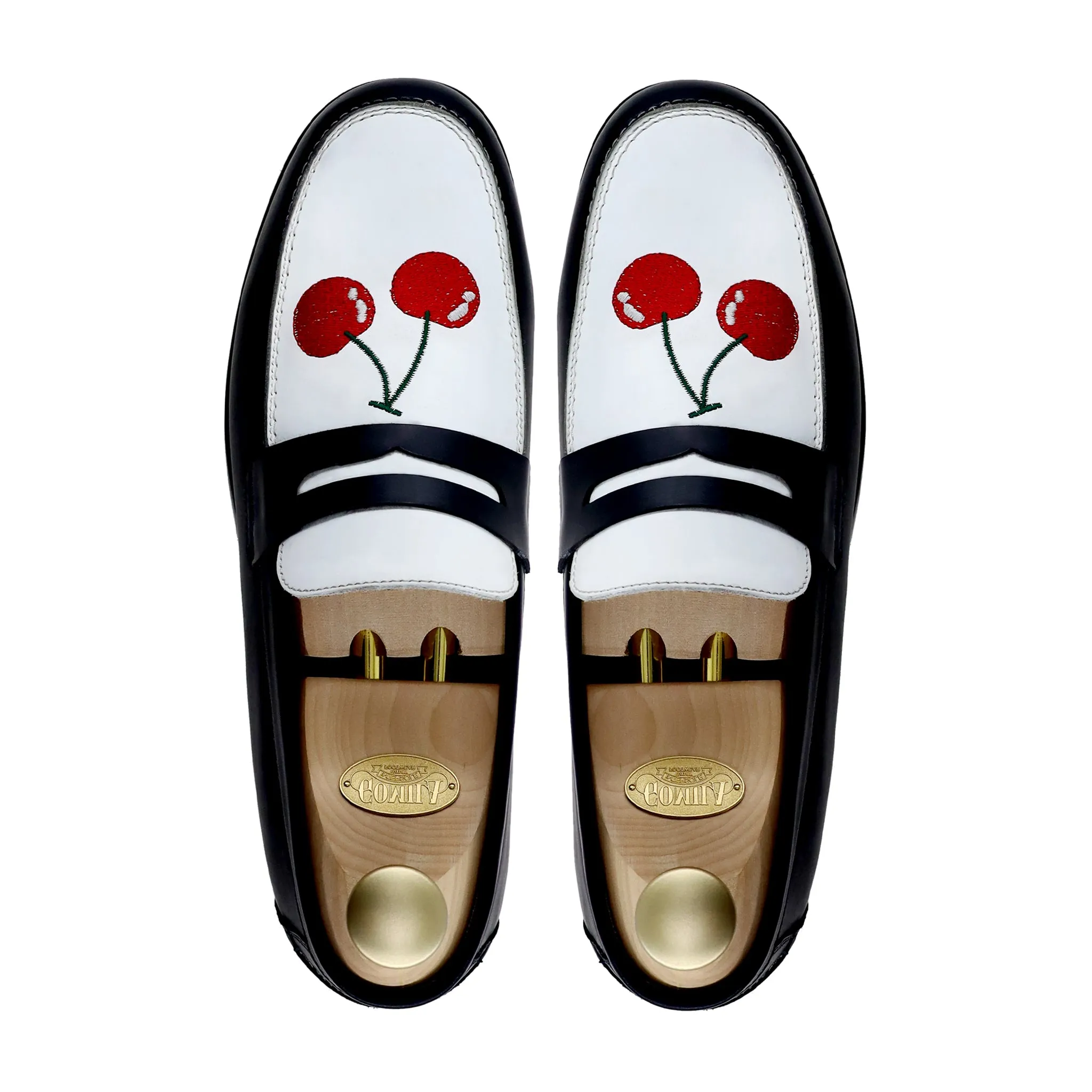 Boulia - Men's Black and White Calf Leather Loafer (Cherry Embroidery)