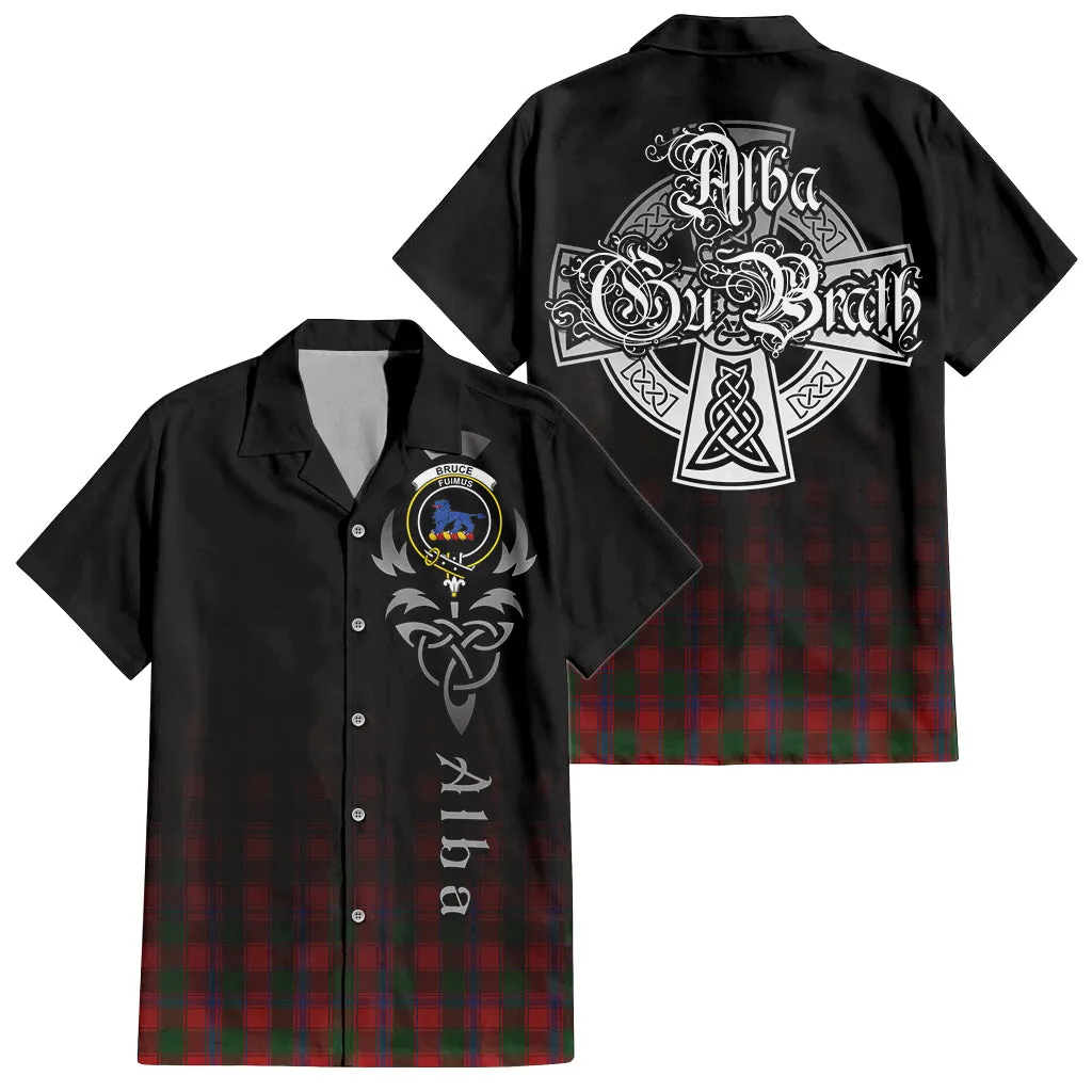 Bruce Old Tartan Short Sleeve Button Up Shirt Featuring Alba Gu Brath Family Crest Celtic Inspired