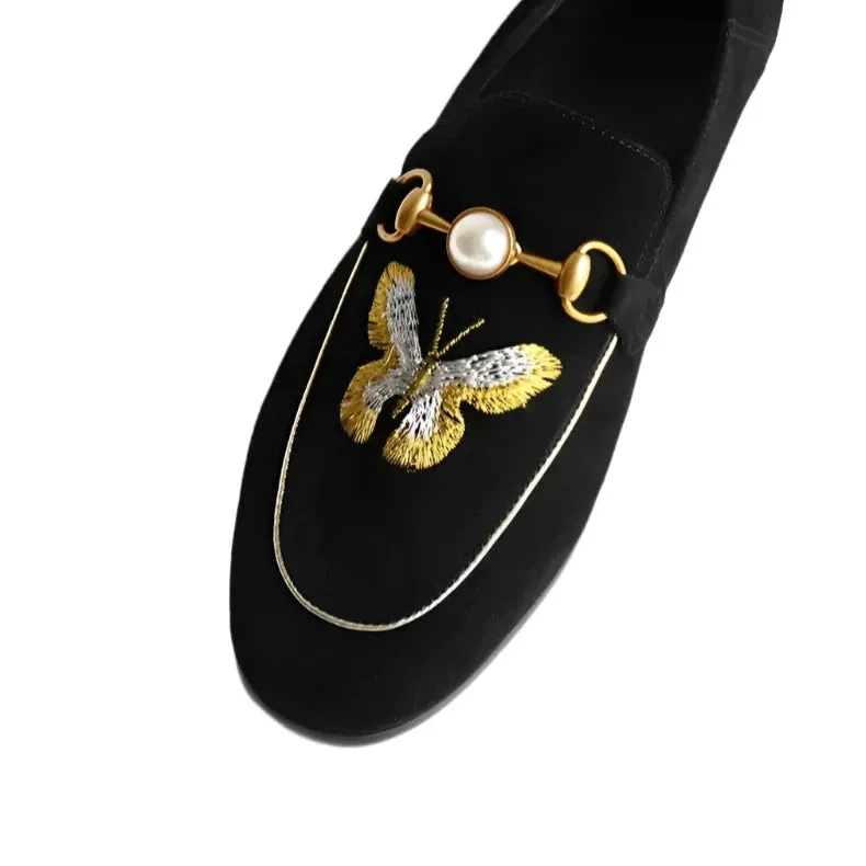 Bruna Pearl Bee Embroidered Velvet Loafers