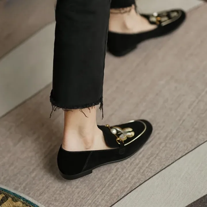 Bruna Pearl Bee Embroidered Velvet Loafers