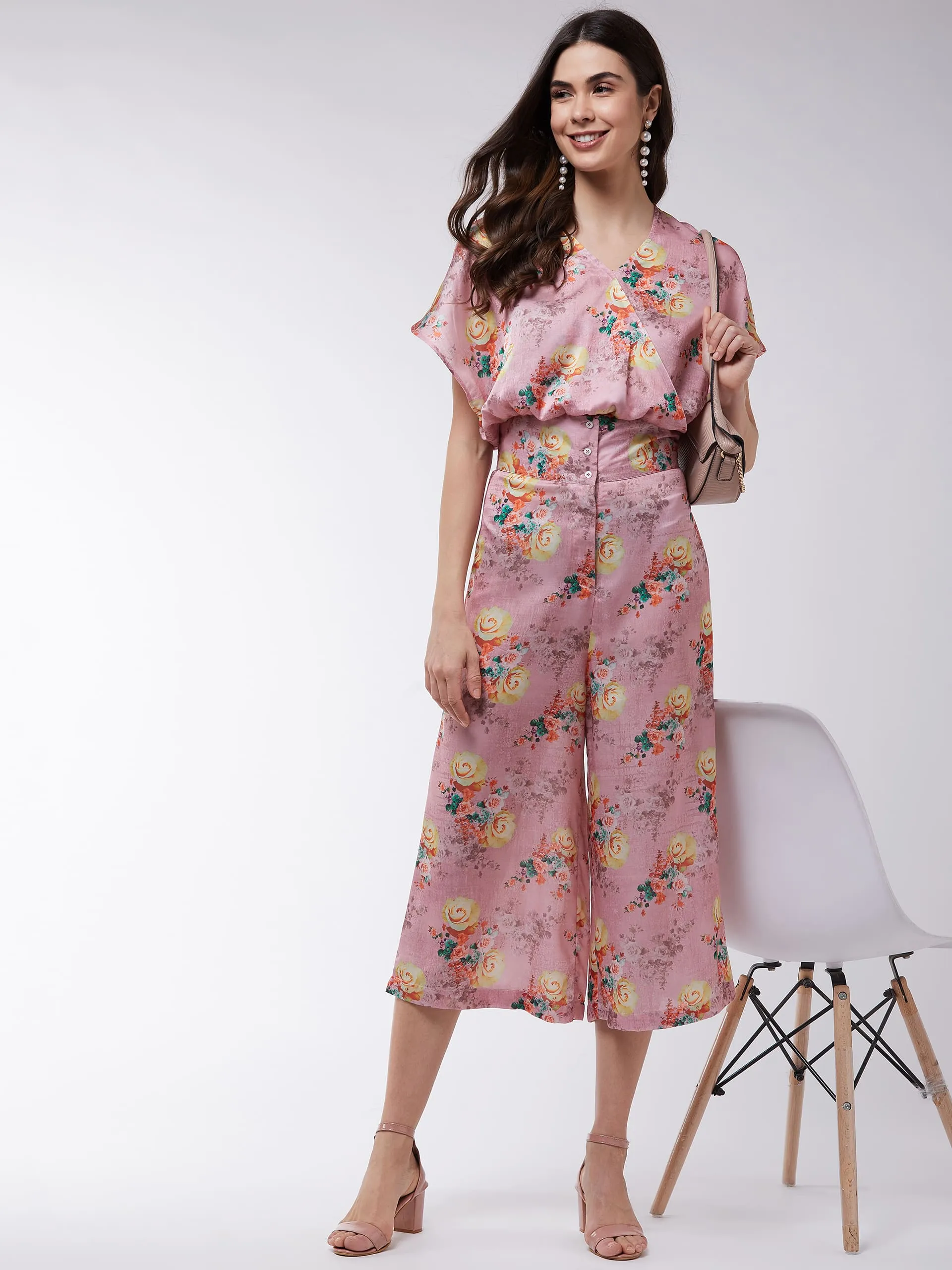 Candy Inspired Floral Digital Printed Loose Top With High Waist Pants