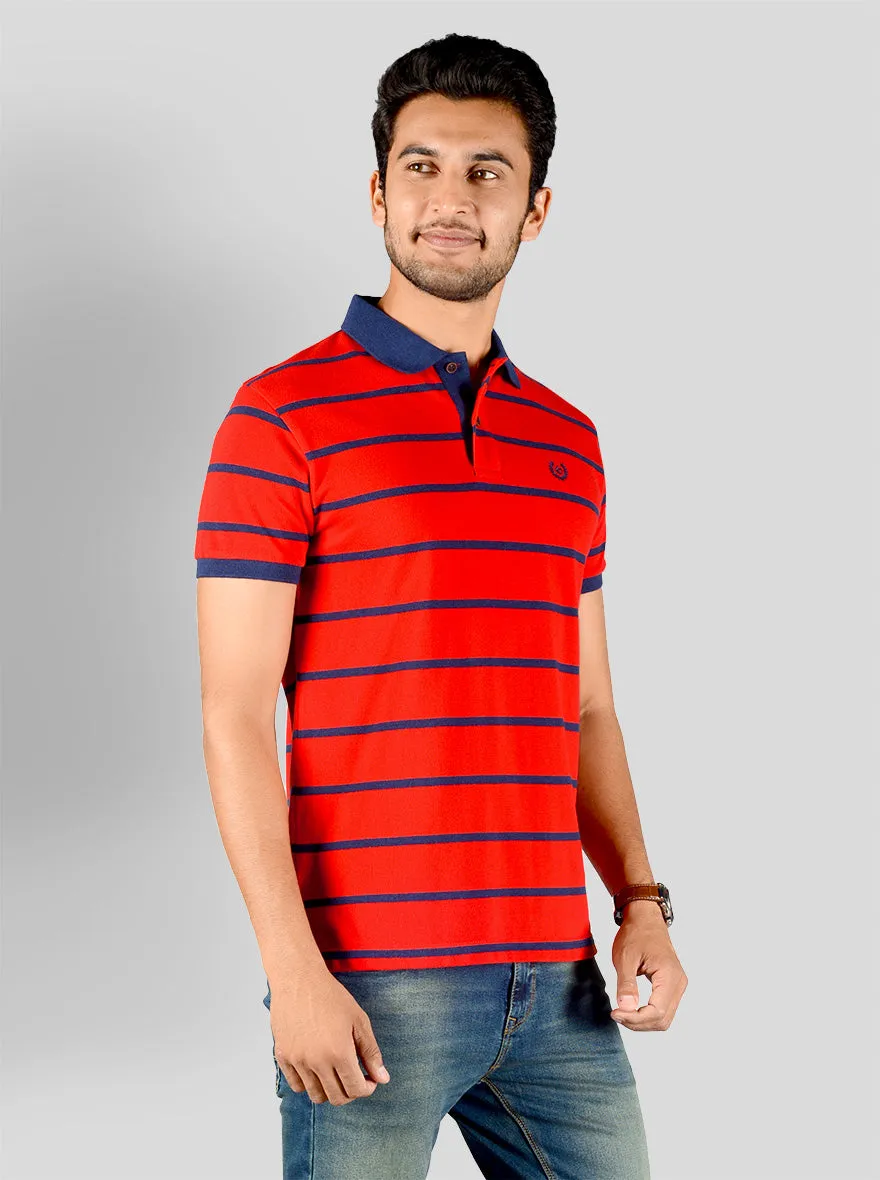 Cherry Tomato & Navy Blue Striped Slim Fit Polo T-shirt | Greenfibre