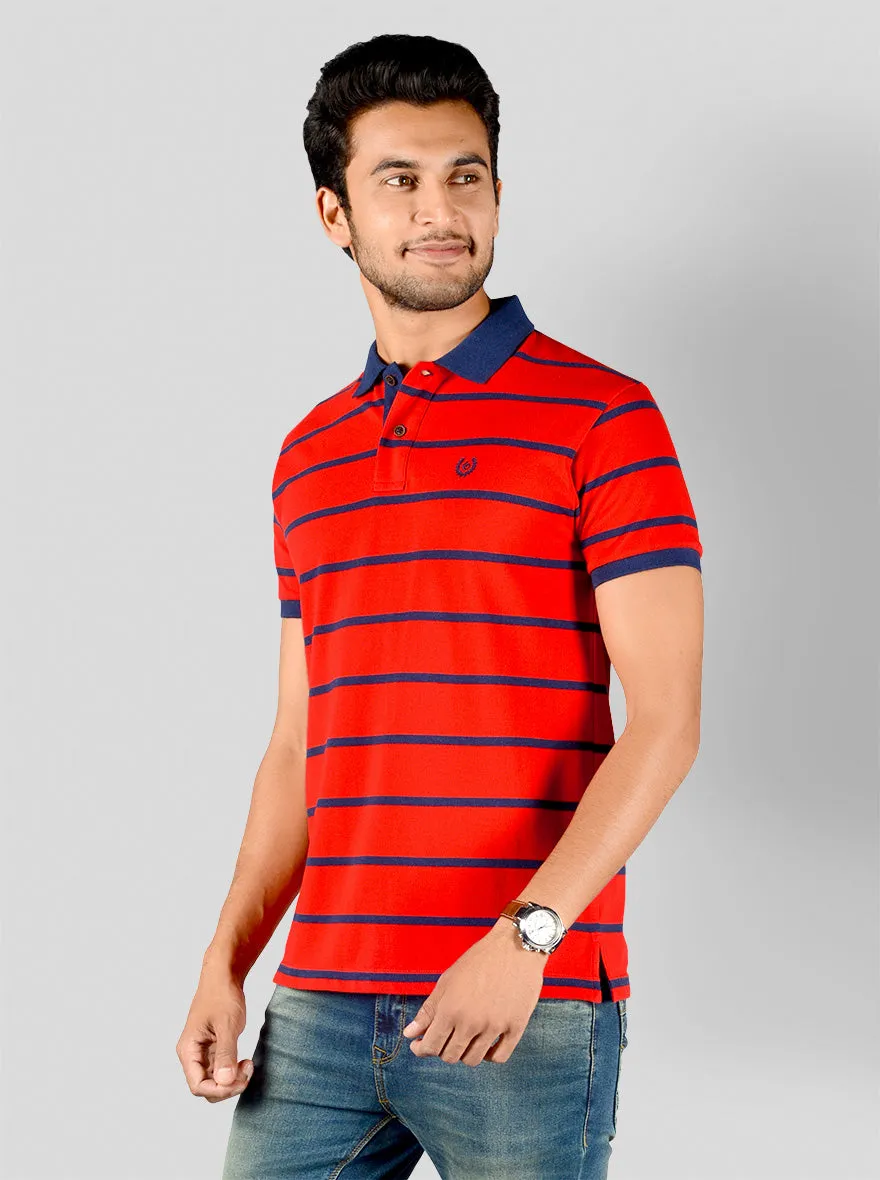 Cherry Tomato & Navy Blue Striped Slim Fit Polo T-shirt | Greenfibre