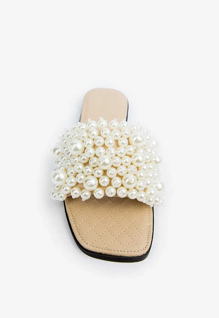 Choice Faux Pearls Wide Strap Flats Beige