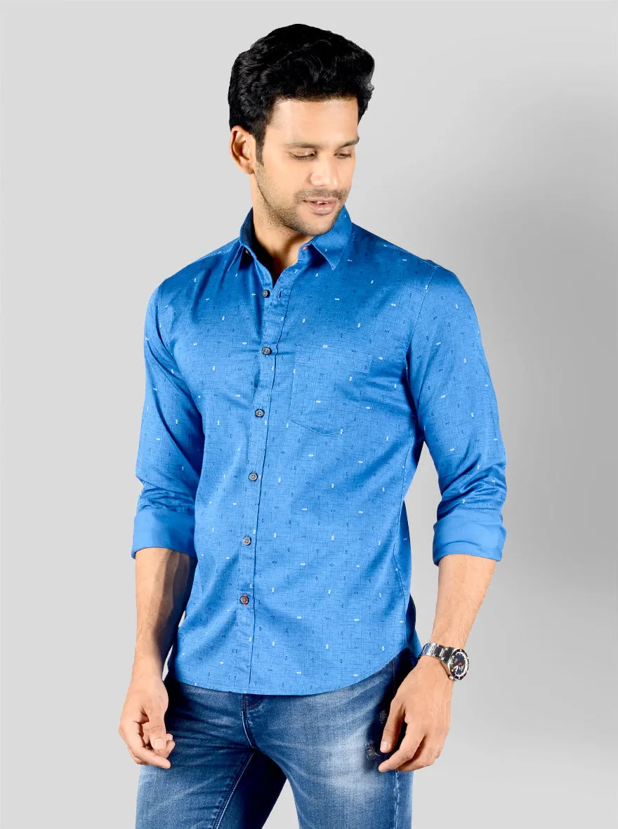 Cobalt Blue Printed Slim Fit Casual Shirt | Greenfibre