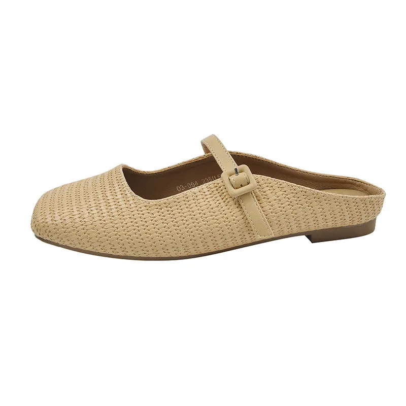 Comofy Buckled Woven Flat Mules