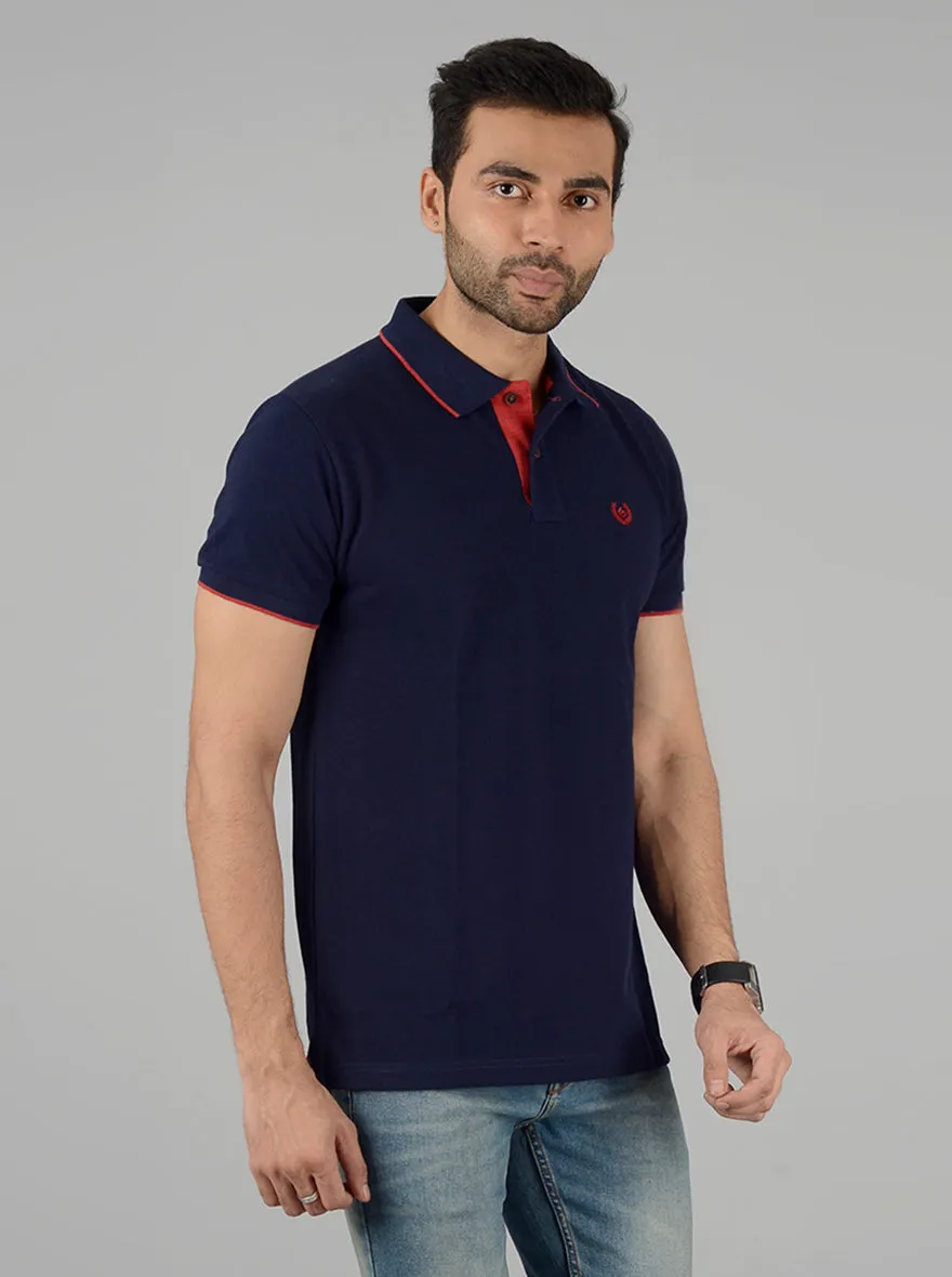 Dark Blue Solid Slim Fit Polo T-Shirt | Greenfibre