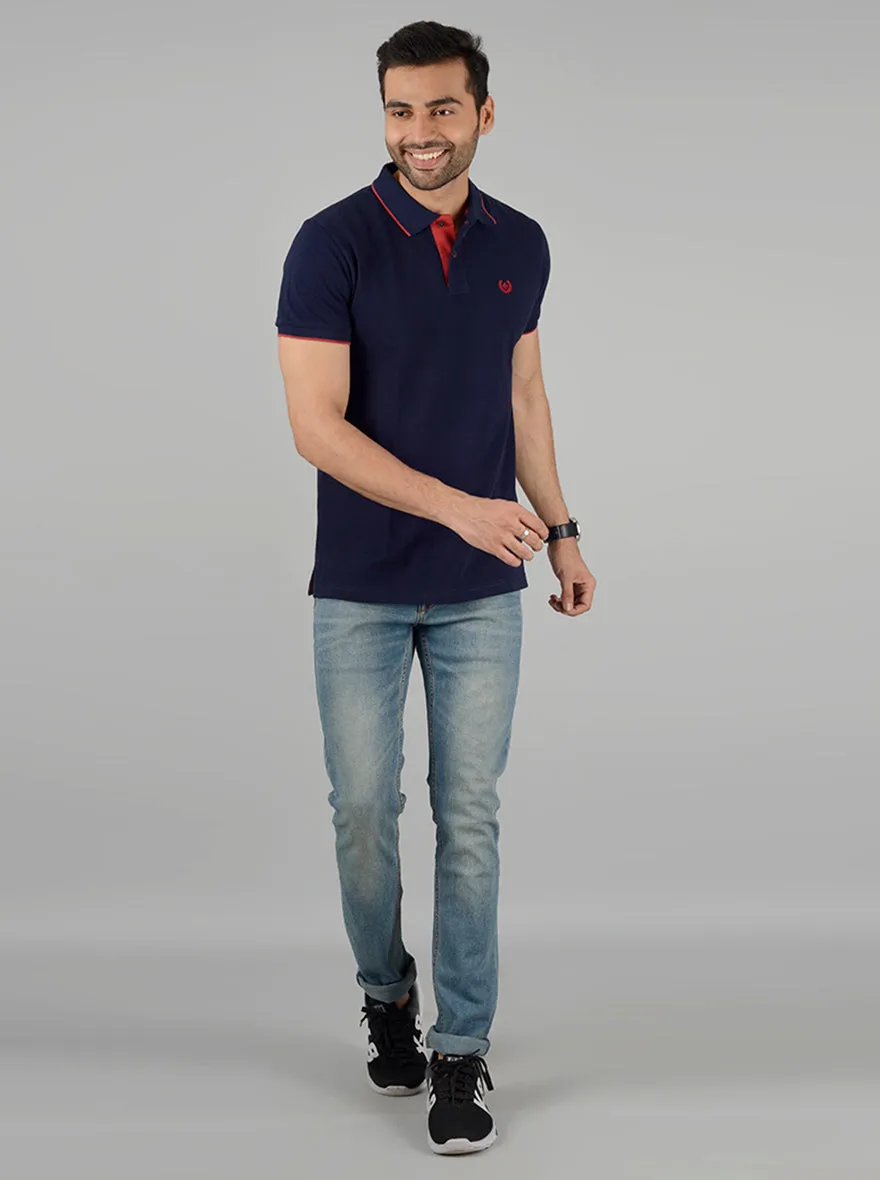 Dark Blue Solid Slim Fit Polo T-Shirt | Greenfibre