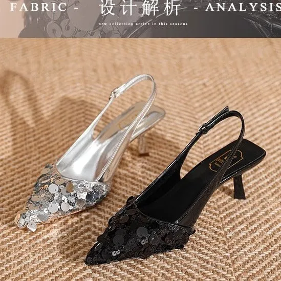 DEANWANGK  Closed Toe Sandals for Women  New Arrival Beautiful Silver Paillette Korean Style Fairy Style Elegant Pointed Stiletto Heels