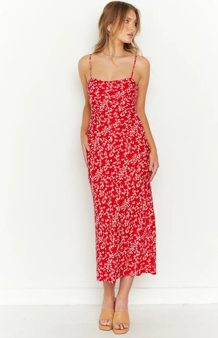 Delphine Red Floral Midi Dress